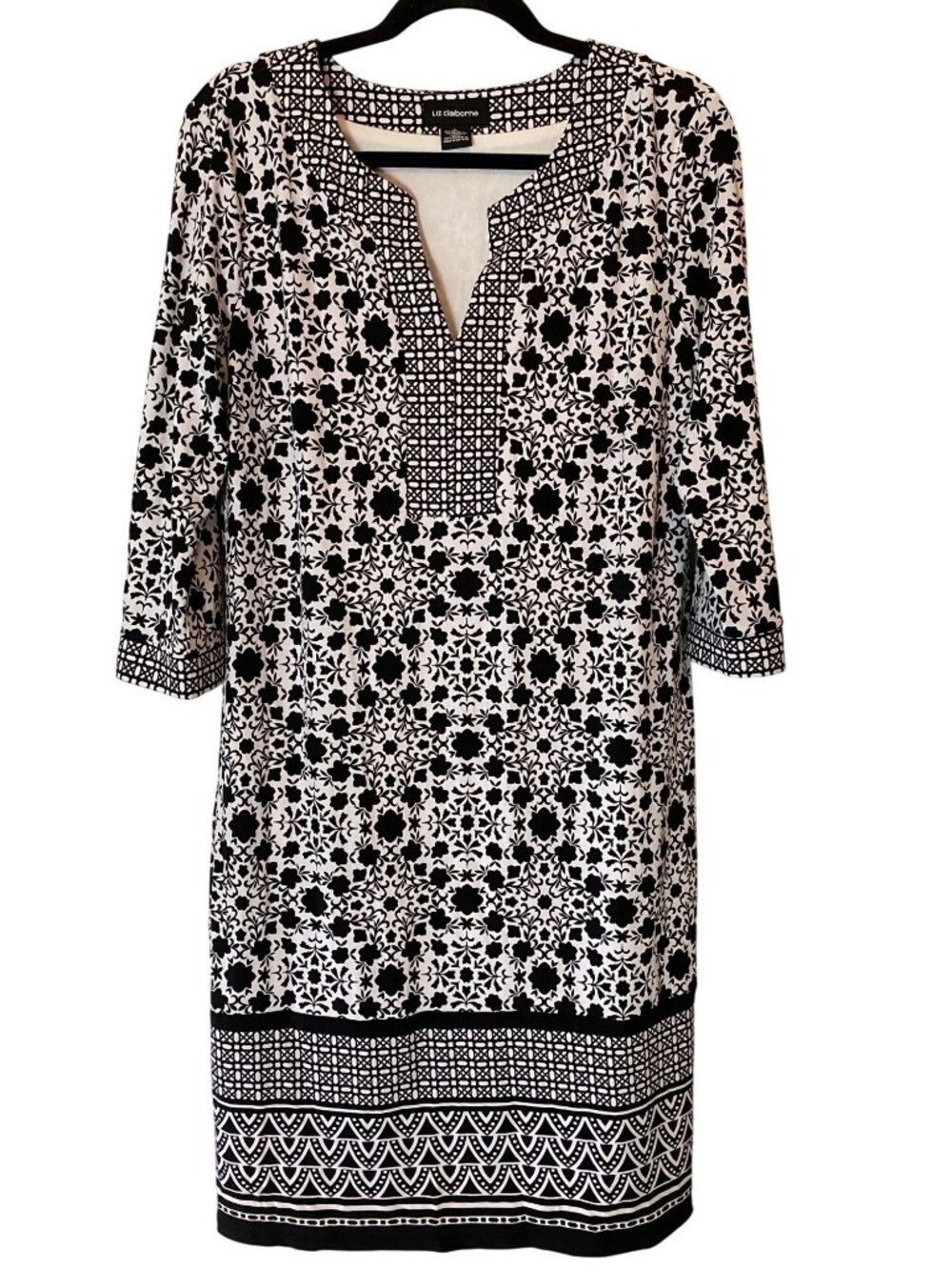 Liz Claiborne Black & White Floral Medallion Dress 3/4 Sleeves Large